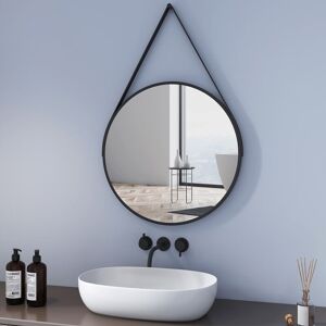 Modern Round Bathroom Mirror Black 60cm Wall Mounted Mirror with Adjustable Leather Strap - Meykoers