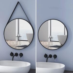 Round Black Frame Mirror 50cm Modern Bedroom Mirror with Adjustable Black Leather Strap - Meykoers