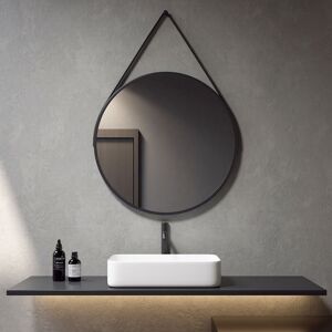 Round Black Frame Mirror 80cm Modern Wall Mounted Bathroom Mirror with Adjustable Black Leather Strap - Meykoers