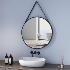 Round Mirror Black 70cm Modern Wall Mounted Bathroom Mirror with Adjustable Leather Strap - Meykoers