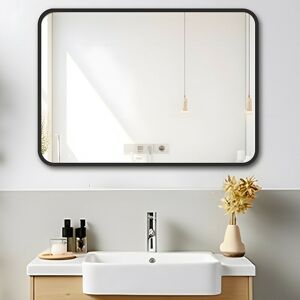 MIQU Bathroom Mirrors Wall Mounted,Rectangular Hanging Mirror Makeup Dressing Modern Fashion Mirror Metal Framed for Vanity, Bath, Bedroom, Black,800 x