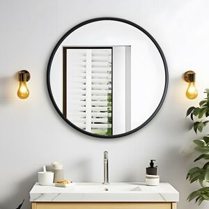 Bathroom Round Mirror Makeup Dressing Wall Mounted Brushed Metal Framed Modern Fashion Mirror for Dressing Room,Bedroom,Living Room, Black,70cm - Miqu