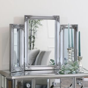 Melody Maison - Ornate Vintage Silver Triple Dressing Table Mirror 55cm x 74cm - Silver