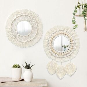 Héloise - Pieces Macrame Wall Hanging Decorative Mirror with Woven Leaves Boho Fringe Round Mirror for Bedroom Living Room Nursery Home Decor