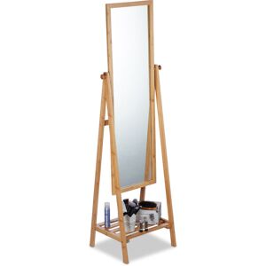 Bamboo Free-Standing Mirror, Swivel-Mounted, Bedroom Mirror with Drawer, hwd: 160x40x36 cm, Natural - Relaxdays