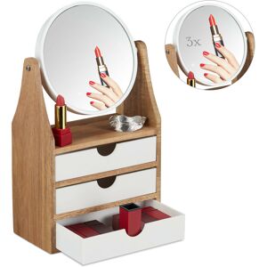 Relaxdays Beauty Organiser, Mirror, 3 Drawers, For Dressing Table, Magnifying Effect, 34 x 19 x 10.5 cm, Natural, White