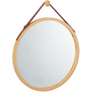 Round Hanging Mirror, Adjustable Strap, Bamboo Frame, Modern, Floor & Bathroom, ∅: 45 cm, Natural - Relaxdays