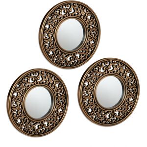 Relaxdays Set of 3 Mirrors, Ø 25 cm, Round, Wall Mounted, Plastic Frame, Vintage Style, Bedroom & Hallway, Gold/Black