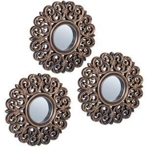 Relaxdays - Set of 3 Mirrors, Baroque Style, ø 25 cm, Round, Wall Mounted, Plastic Frame, Bedroom & Hallway, Bronze/Black