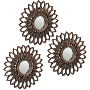 Relaxdays - Set of 3 Mirrors, Floral Decor, ø 25 cm, Round, Wall Mounted, Plastic Frame, Bedroom & Hallway, Bronze/Black