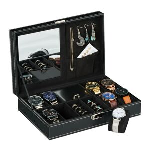 Watch Box, Jewellery Storage, Velvet, Mirror, Leather Design, 8 Compartments, HxWxD 8 x 30 x 20.5 cm, Black - Relaxdays