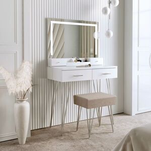 CARME HOME Sophia White Dressing Table with Touch Sensor LED Mirror - White