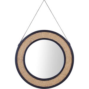 Beliani - Wall Hanging Mirror with Strap Home Décor Round Shape Frame Rattan Metal Black ø 70 cm Light Cambrai - Natural