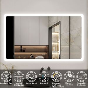 Acezanble - Bluetooth Bathroom Mirror with Shaver Socket, 3 Colour led Lights, 1200x700mm Dimmable Illuminated Wall Mirror with Desmister, Touch,