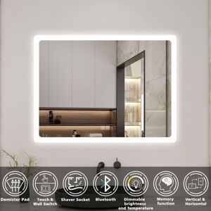 Acezanble - Bluetooth Bathroom Mirror with Shaver Socket, 3 Colour led Lights, 500x700mm Dimmable Illuminated Wall Mirror with Desmister, Touch,