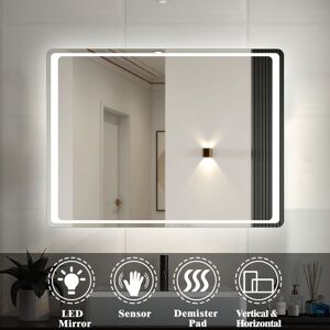 Acezanble - Illuminated led Bathroom Mirror Light Infrared Sensor + Demister, 800x600mm, 6000K Cool White Light, Makeup Vanity Mirror