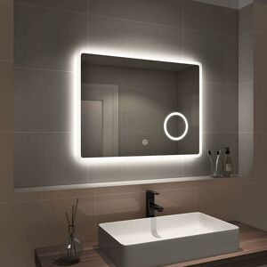 Emke - led Bathroom Mirror Illuminated Wall Mirror Touch Switch + Demister Pad + Shaver Socket + 3X Magnifying Mirror, 800 x 600mm, Horizontal