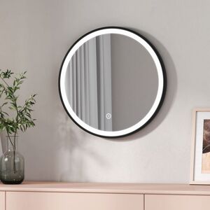 Emke - Round Bathroom led Mirror Backlit Makeup Mirror with Touch, Leather, Dustproof, Black 500mm