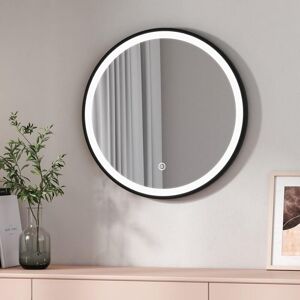 Emke - Round Bathroom led Mirror Backlit Makeup Mirror with Touch, Leather, Dustproof, Anti-fog, Black 600mm