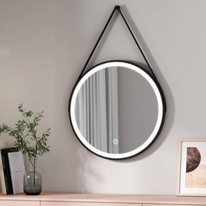 Emke - Round Demister Mirror Bathroom led Mirror with Leather Dimmable Black Illuminated mirror, 600mm