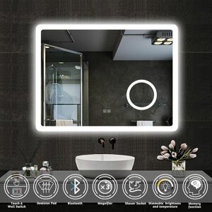Acezanble - Illuminated Bluetooth Led Bathroom Mirror with Shaver Socket Demister Pad Backlit Wall Mounted,Magnifying Mirror Touch Switch Wall Switch