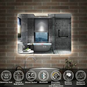 ACEZANBLE Illuminated Bluetooth Led Bathroom Mirror with Shaver Socket Demister Pad Backlit Wall Mounted Mirrors,Touch Switch Wall Switch 3 Colors Dimmable