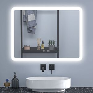SKY Bathroom Anti-Fog LED Mirror with Shaver Socket & Bluetooth, Adjustable 3-Colour LED Light,Touch Switch,50x70cm