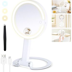 Gotrays - 20X Magnifying Mirror with Light, Lighted Makeup Mirror with 20X/1X Magnification, 3 Color Light and Adjustable Brightness, 3-in-1 Gotrays - 20X Magnifying Mirror with Light, Lighted Makeup Mirror with 20X/1X Magnification, 3 Color Light and Adjustable Brightness, 3-in-1