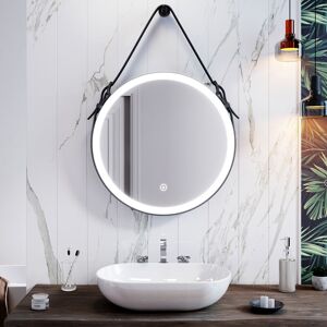 Elegant - 600 x 600mm Modern Round Bathroom Mirror with Touch Switch and Demister led Illuminated Backlit Wall Mounted Mirror with Decorative Black Elegant - 600 x 600mm Modern Round Bathroom Mirror with Touch Switch and Demister led Illuminated Backlit Wall Mounted Mirror with Decorative Black