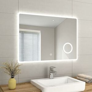 EMKE Backlit Illuminated Bathroom Mirror with Shaver Socket Wall Mounted Multifunction led Bathroom Vanity Mirror with Touch Switch, Demister Pad and 3x EMKE Backlit Illuminated Bathroom Mirror with Shaver Socket Wall Mounted Multifunction led Bathroom Vanity Mirror with Touch Switch, Demister Pad and 3x
