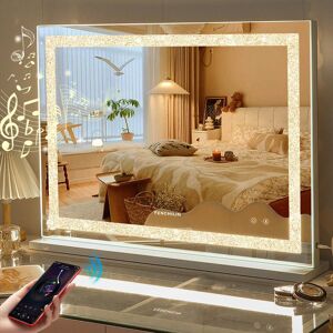 Fenchilin - Hollywood Mirror with Crushed Crystal Lights and Music Speaker Large Vanity Mirror with Dimmable led Lightstrip 3 Color Modes Vanity Fenchilin - Hollywood Mirror with Crushed Crystal Lights and Music Speaker Large Vanity Mirror with Dimmable led Lightstrip 3 Color Modes Vanity