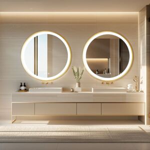 Luvodi - Gold Aluminium Alloy Frame Illuminated led Bathroom Mirror Living Room Wall Mirror, Round 600mm Luvodi - Gold Aluminium Alloy Frame Illuminated led Bathroom Mirror Living Room Wall Mirror, Round 600mm