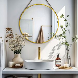 Luvodi - Gold Round Wall Mirror Bathroom Bedroom Makeup Dressing Leather Strap Hanging Mirror - 70cm Luvodi - Gold Round Wall Mirror Bathroom Bedroom Makeup Dressing Leather Strap Hanging Mirror - 70cm