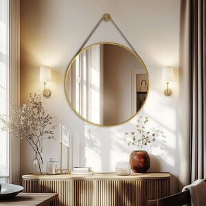 Luvodi - Gold Round Wall Mirror Bathroom Bedroom Makeup Dressing Leather Strap Hanging Mirror - 60cm Luvodi - Gold Round Wall Mirror Bathroom Bedroom Makeup Dressing Leather Strap Hanging Mirror - 60cm
