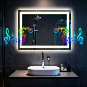 LUVODI Bathroom Vanity Mirror with Lights and Bluetooth Speaker Makeup Mirror Dimmable, 60 x 80cm LUVODI Bathroom Vanity Mirror with Lights and Bluetooth Speaker Makeup Mirror Dimmable, 60 x 80cm