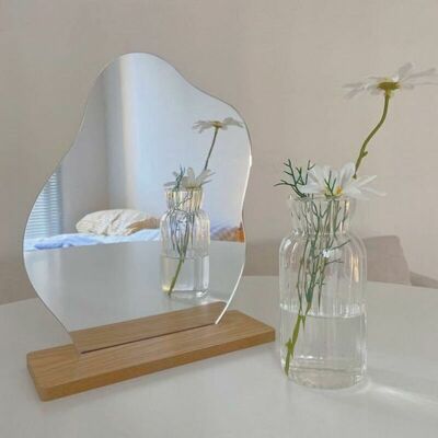 TEHTUY Frameless acrylic makeup mirror, decorative vanity table mirror with irregular shape and wooden base for bedroom, living room, and small space decor TEHTUY Frameless acrylic makeup mirror, decorative vanity table mirror with irregular shape and wooden base for bedroom, living room, and small space decor
