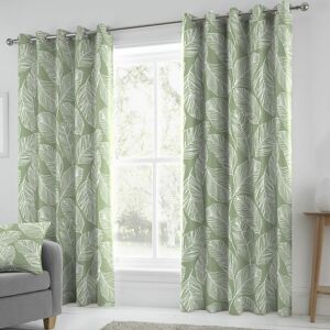 Fusion - Matteo Botanical Palm Leaf Print 100% Cotton Eyelet Lined Curtains, Green, 46 x 72 Inch
