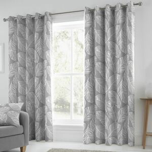 Fusion - Matteo Botanical Palm Leaf Print 100% Cotton Eyelet Lined Curtains, Grey, 46 x 54 Inch