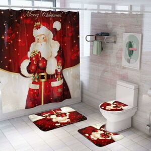 PESCE 4 pcs Christmas Bathroom Decorations Set Toilet Seat Cover Rug Shower Curtain Sets Xmas Santa Claus Elk Snowman Bathroom Decor-A1