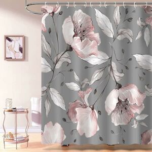 AlwaysHElegant Pink Floral Shower Curtain Gray Leaf Floral Gray Fabric Shower Curtain Bathroom Decor