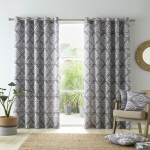 Catherine Lansfield - Aztec Geo Print 100% Cotton Lined Eyelet Curtains, Charcoal, 46 x 72 Inch