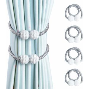 TINOR Curtain Tiebacks, 4 Pieces Magnetic Curtain Tie Backs, Pearl Design Curtain Drapes Clips Rope Holdbacks for Home Office Window Decoration (Grey 4