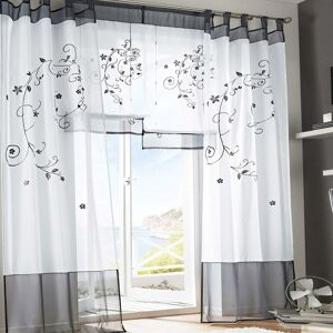 Héloise - Floral Sheer Curtains Voile Embroidery Tabbed Window Panels for Bedroom Living Room Decoration 2 Panels, Grey, W140cm x H225cm