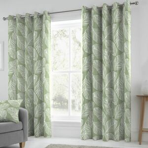 Matteo Botanical Palm Leaf Print 100% Cotton Eyelet Lined Curtains, Green, 66 x 90 Inch - Fusion