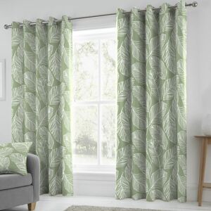 Matteo Botanical Palm Leaf Print 100% Cotton Eyelet Lined Curtains, Green, 66 x 72 Inch - Fusion