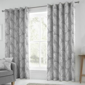 Matteo Botanical Palm Leaf Print 100% Cotton Eyelet Lined Curtains, Grey, 46 x 54 Inch - Fusion