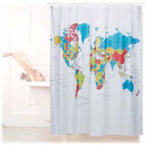 Norcks - Shower Curtain with World Map Motif, Polyester, Washable, Anti-Mould, Bathroom Curtain 180x180cm, Colourful - White
