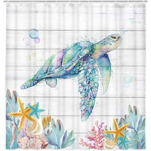 PESCE Sea Turtle Shower Curtain for Bathroom, Sea Animal Turtle on Rustic Wooden Plank Costal Beach, Sea Theme Turtle Fabric Shower Curtain Set, Shower