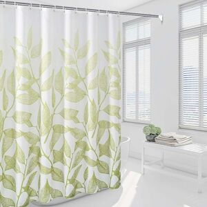 LANGRAY Shower Curtain Waterproof Mould Proof & Mildew Resistant Green Leaf Pattern Stripe Bathroom Curtains with 12 Hooks,180x180H CM(72x72Inch)