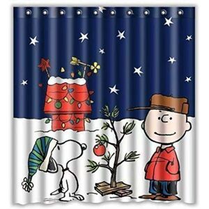 LANGRAY Snoopy Christmas Shower Curtain, Funny Charlie Brown Waterproof Shower Curtains Navy Blue Bath Curtain Kids Cute Bathroom Set with Hooks for